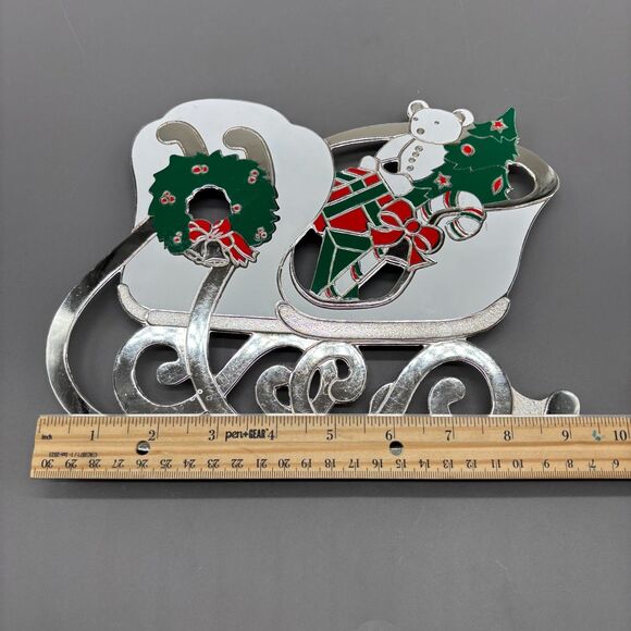 WM A Rogers Christmas Sleigh Trivet Coaster Set Silver Plated Enamel Holiday Lot - Picture 7 of 12